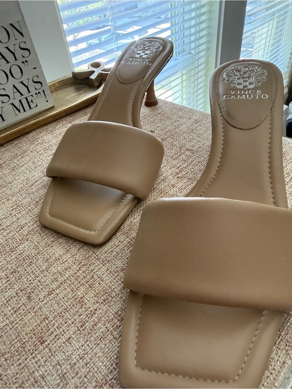 Vince Camuto Beige Square-Toe Slide Mules